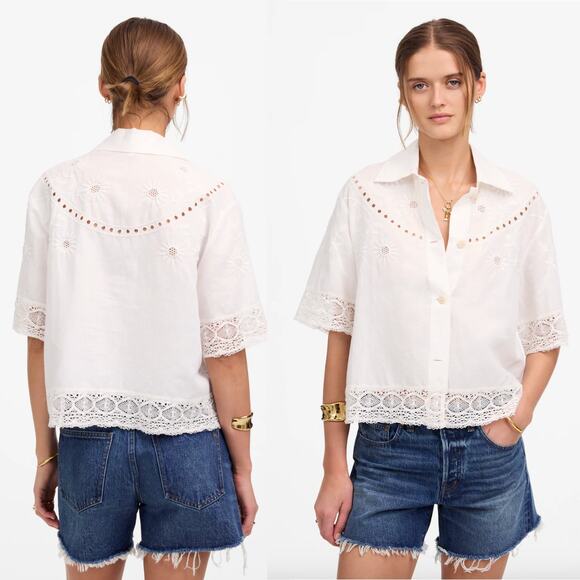 Madewell | NWT Embroidered Lace Button-Up Shirt in White | Sz S - Picture 1 of 12